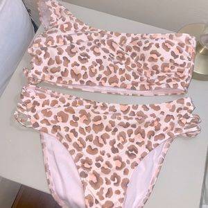 GB pink and tan leopard print bikini with ties on the side